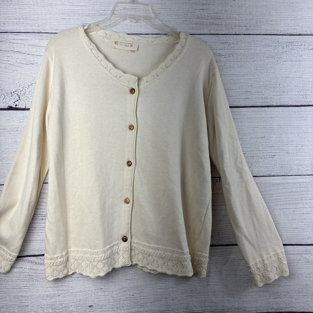 Vintage Cream Knit Cardigan Scalloped Lace Trim Button Up Sweater CottageCore XL - Picture 3 of 6